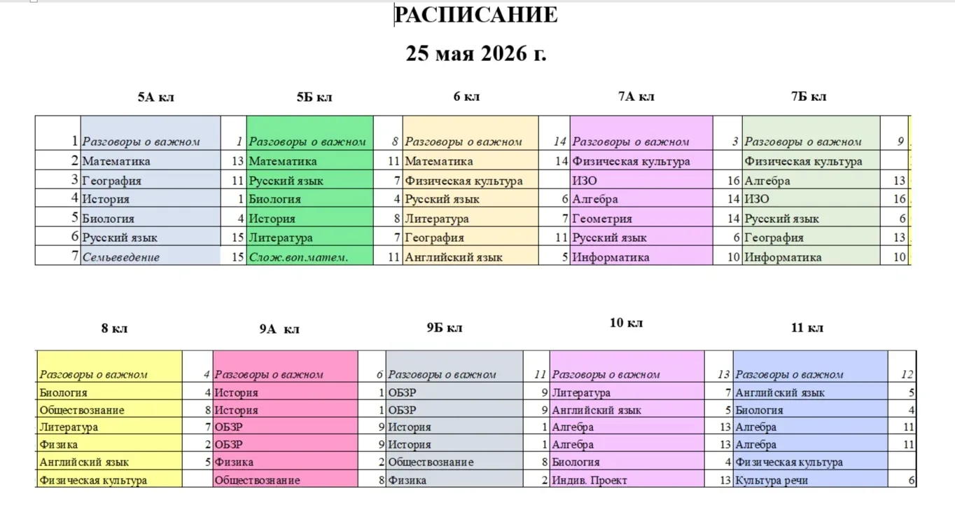 Изменения в расписании на завтра, понедельник 25 мая