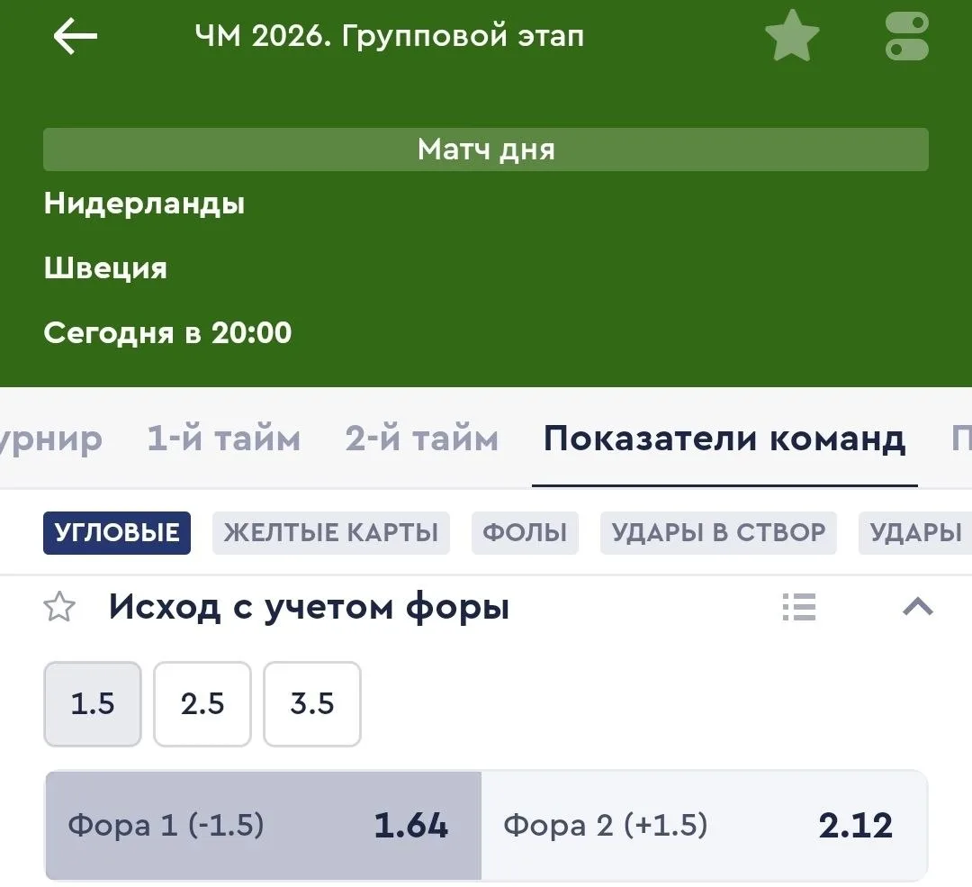 Футбол. Чемпионат Мира.
➡️Нидерланды - Швеция - Угловые Ф1(-1.5) Коэффициент: 1.64

Нидерланды одна 