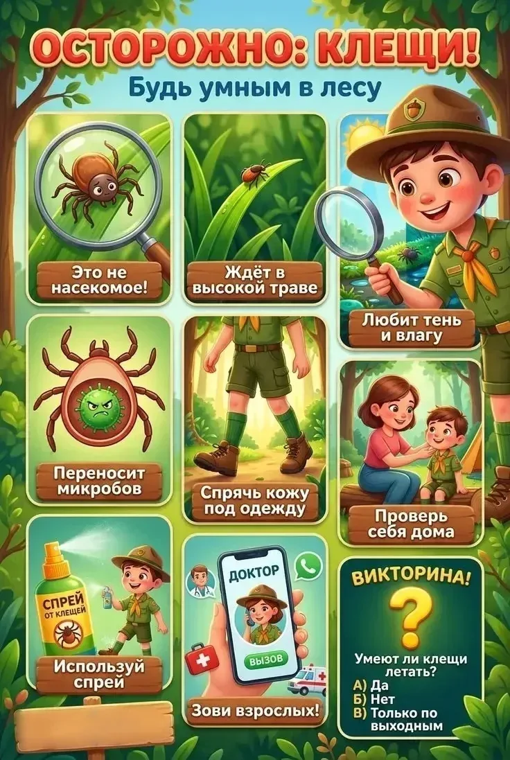 📌 Клещи 🕷️ обитают в траве и невысоких кустарниках, но никогда — на деревьях 🌿 Клещ прицепляется 
