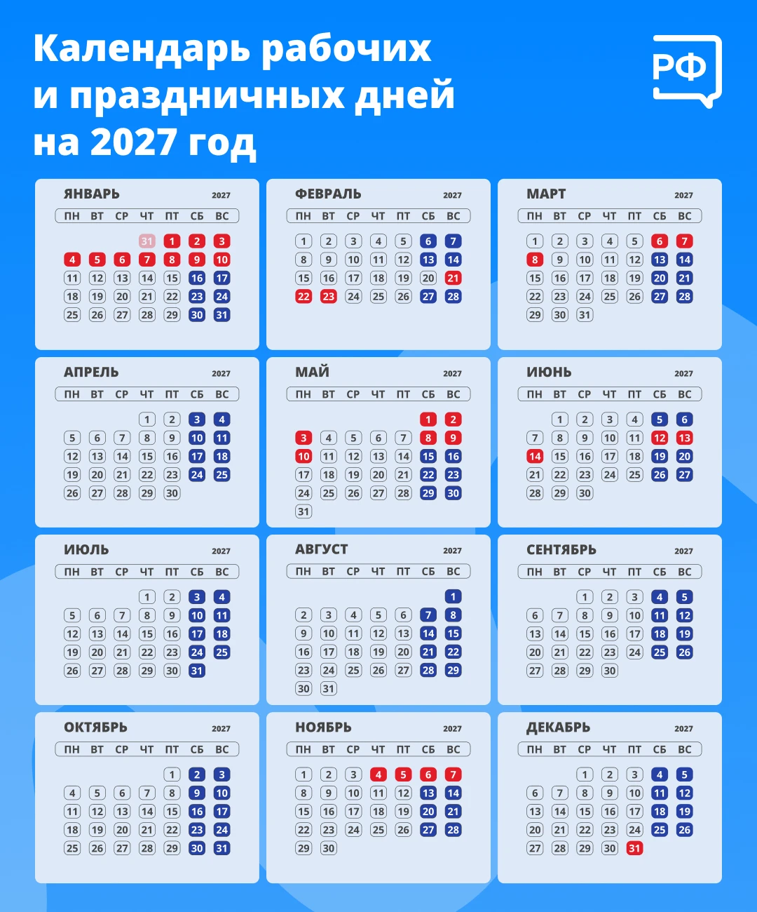 🗓 На Новый год будем отдыхать целых 11 дней — с 31 декабря 2026-го по 10 января 2027 г...