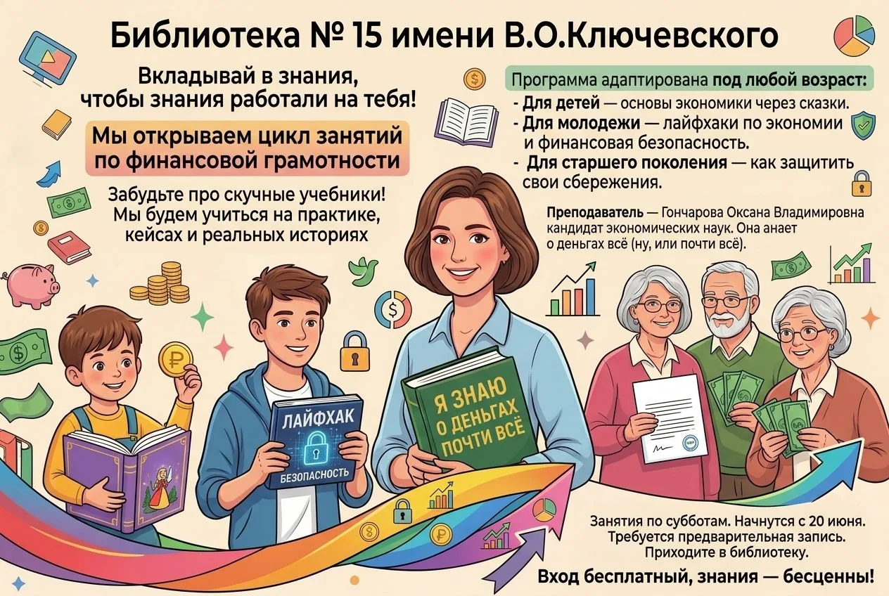 20 июня в 12:00 в Библиотеке № 15 им. В. О. Ключевского стартует цикл практических занятий по финанс