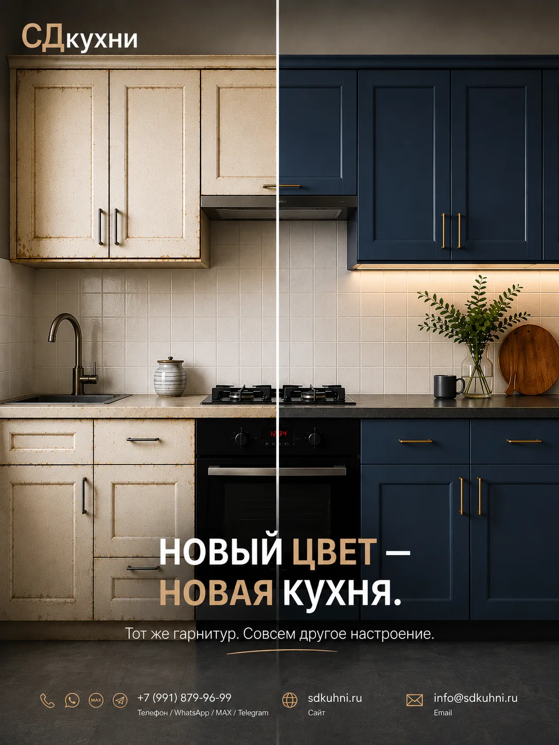 НОВЫЙ ЦВЕТ — НОВАЯ КУХНЯ

На изображении одна и та же кухня.
Слева — фасады, которые со временем пот