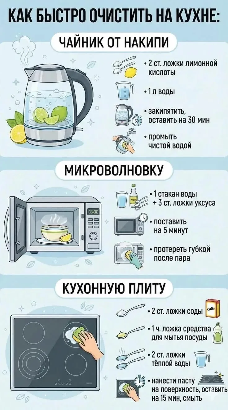 Как быстро очистить чайник, микроволновку и плиту: Главные кухонные лайфхаки ✨🍳