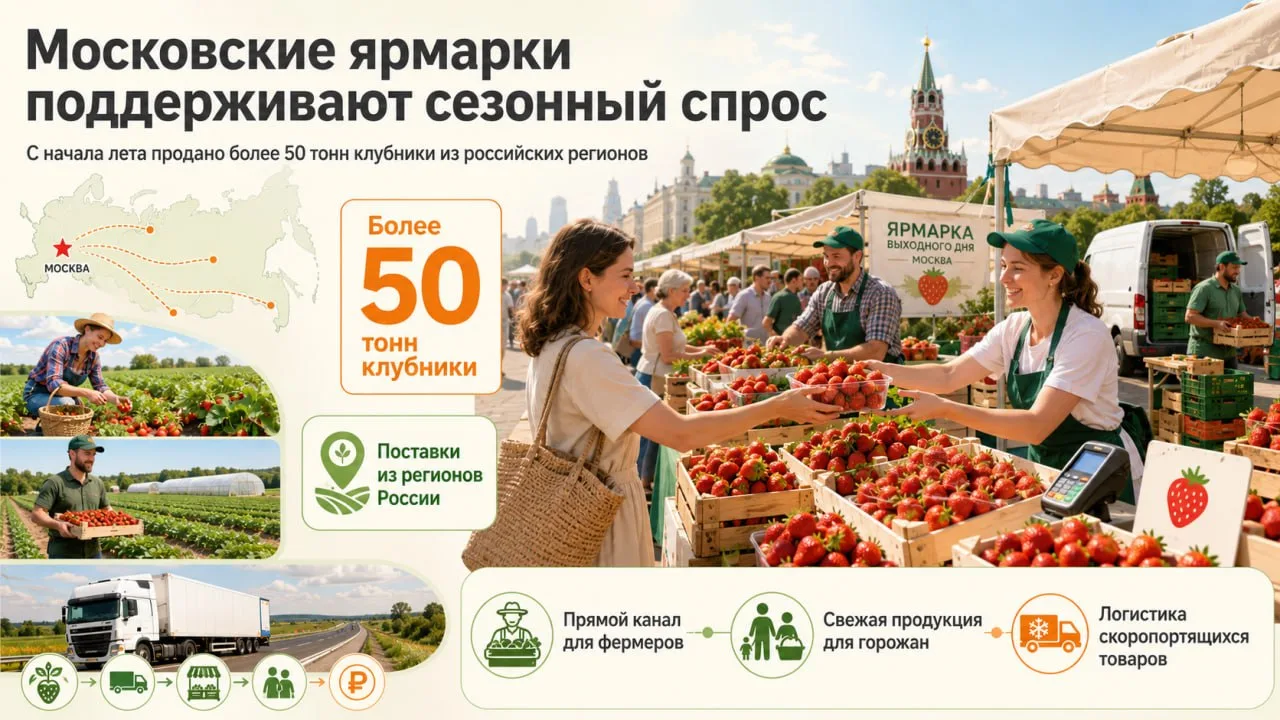 С начала лета на московских ярмарках выходного дня продали более 50 тонн клубники. Поставки идут из 