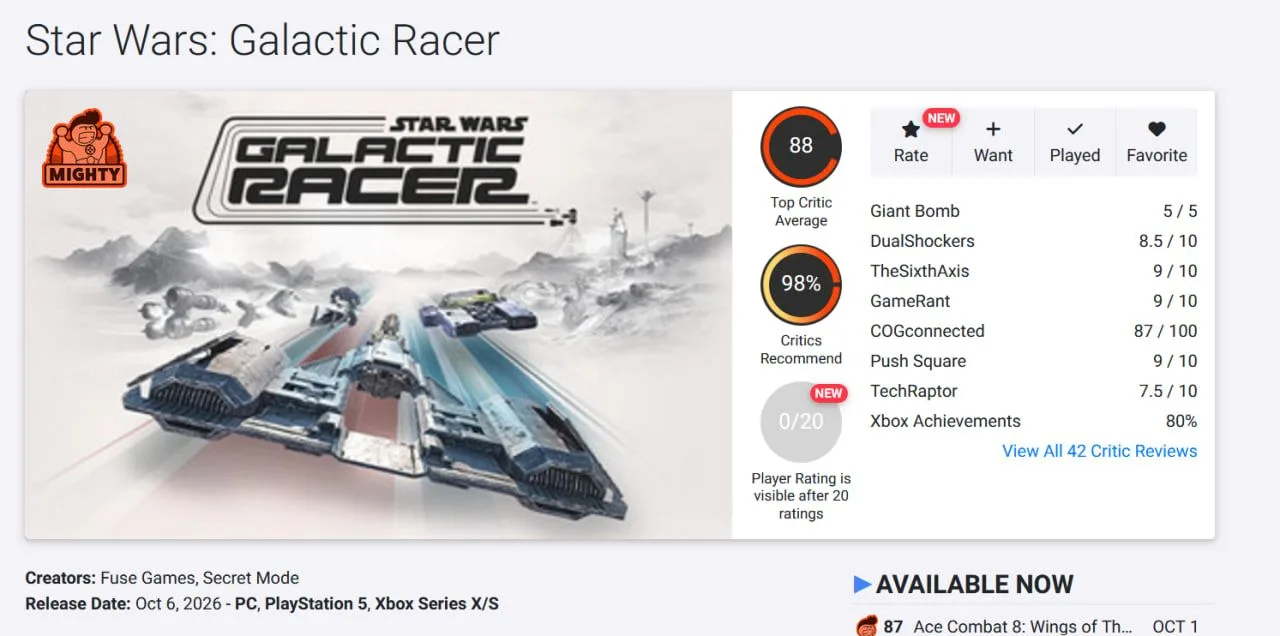Star Wars: Galactic Racer разогналась до 88 от критиков