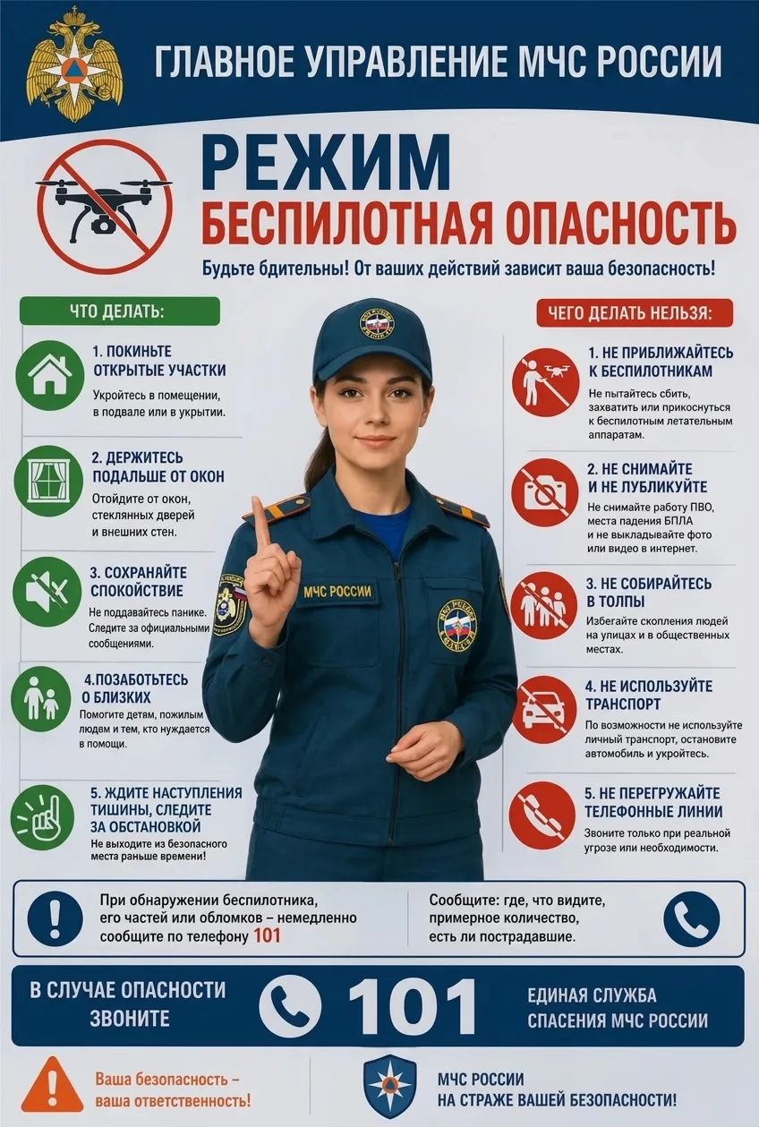 Главное управление МЧС России напоминает, что делать при угрозе атаки БПЛА и как правильно действова