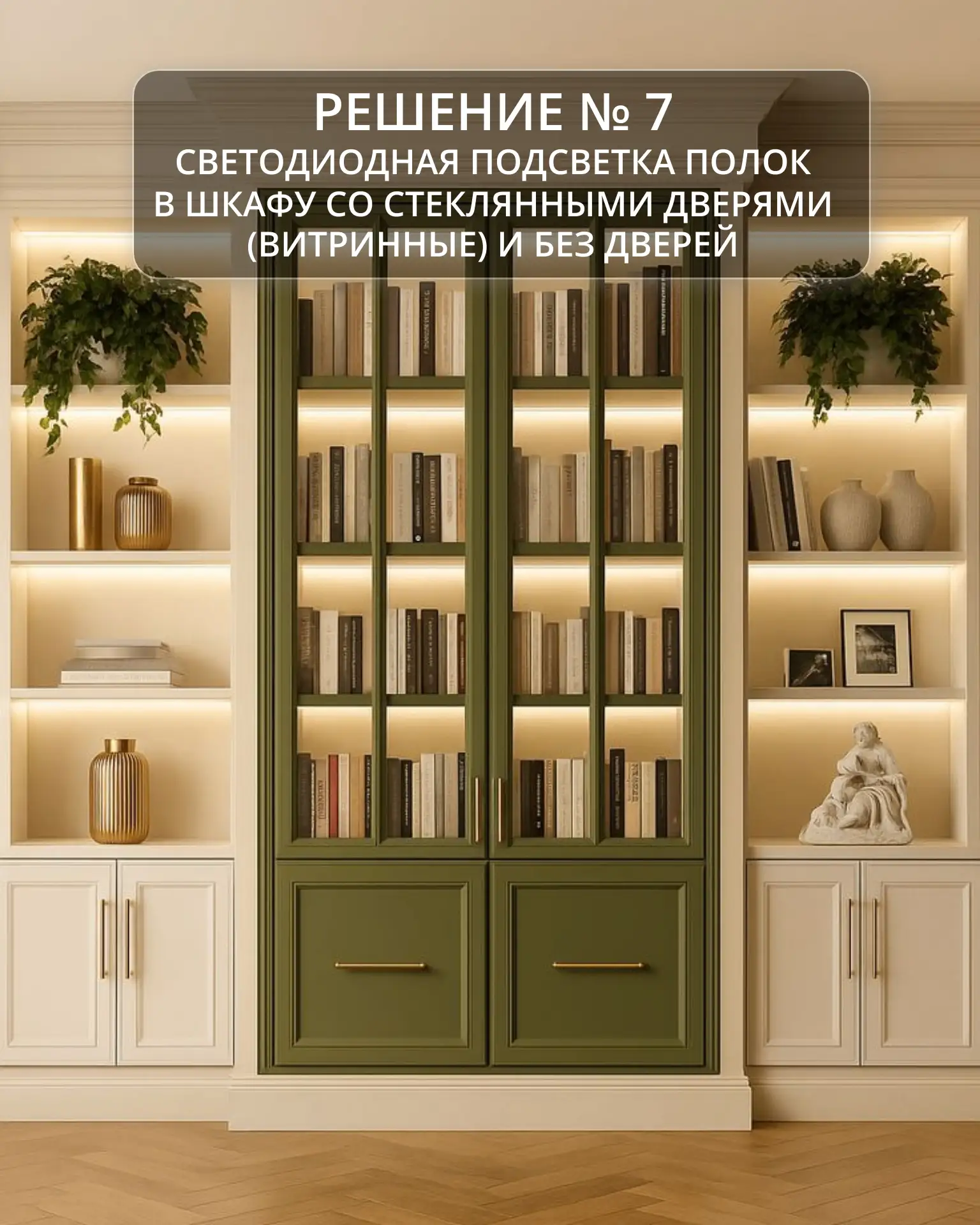 Решение № 7. Светодиодная подсветка полок в шкафу со стеклянными дверями (витринные) и полок в шкафу