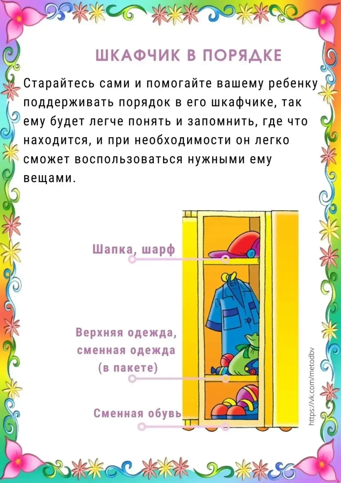 Приводим шкафчик в порядок! 
Памятка для родителей - что должно быть в шкафчике у ребенка! 
 
Что и 