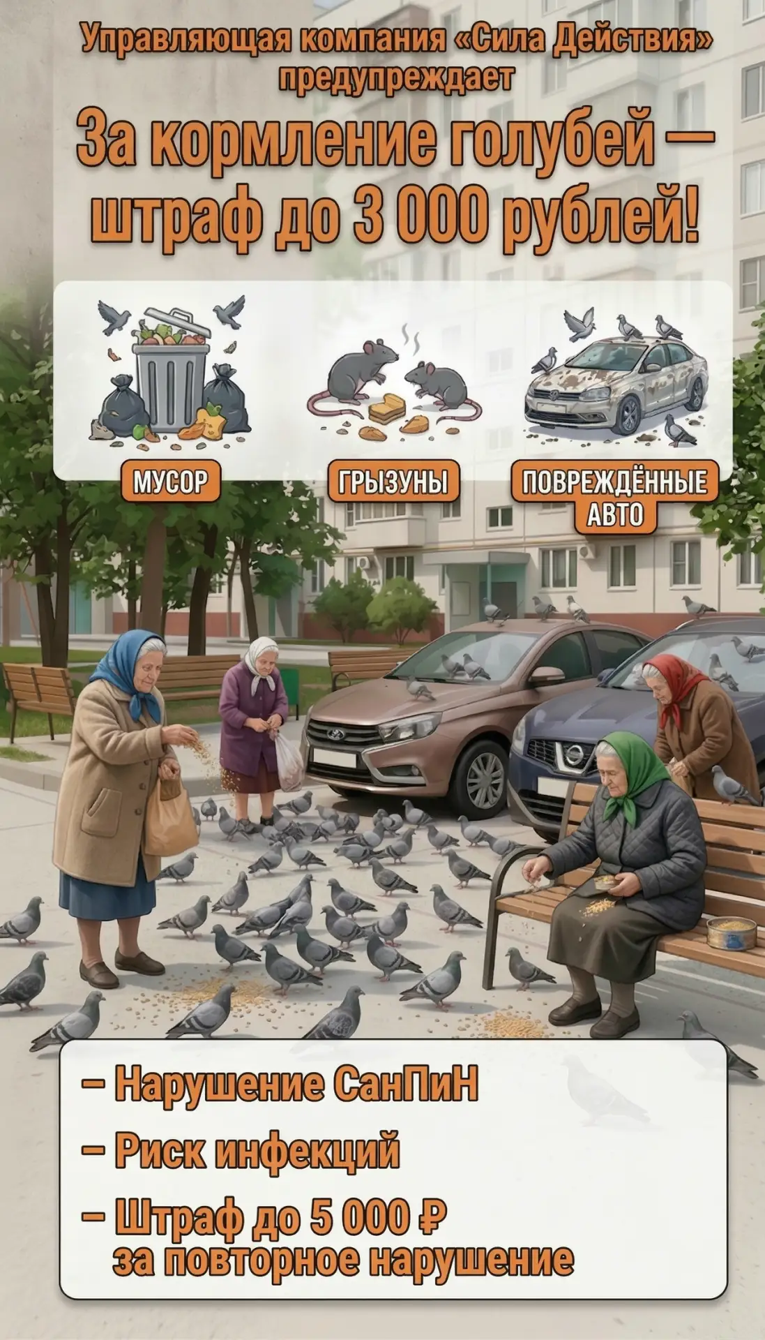 🐦 За кормление голубей во дворе — штраф до 3 тысяч рублей

Уважаемые жители! Управляющая компания «