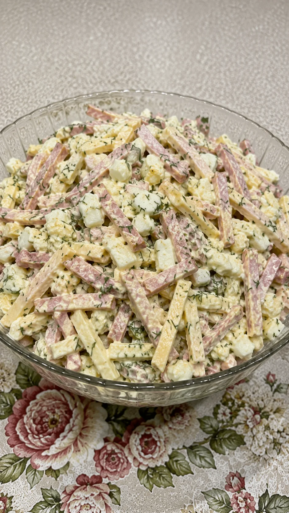 🥗 Салат с ветчиной и сыром
Этот салат — отличный вариант, когда нужно быстро приготовить что-то вку
