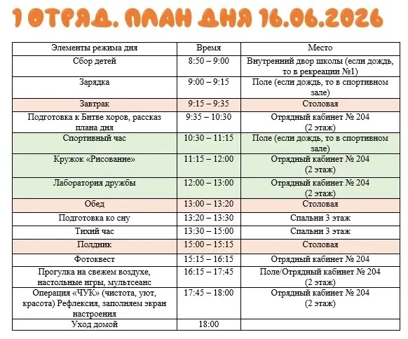 💡Публикуем актуальный план дня 16.06.2026 в ГОЛ «Радуга».

🌧️☂️Прогноз погоды обещает дождливую по