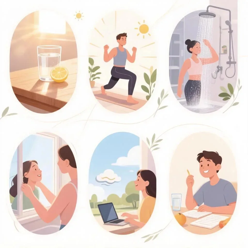 5 утренних ритуалов для бодрости без кофеина ☀️

1. Стакан воды с лимоном 🍋
Проснувшись, выпей стак