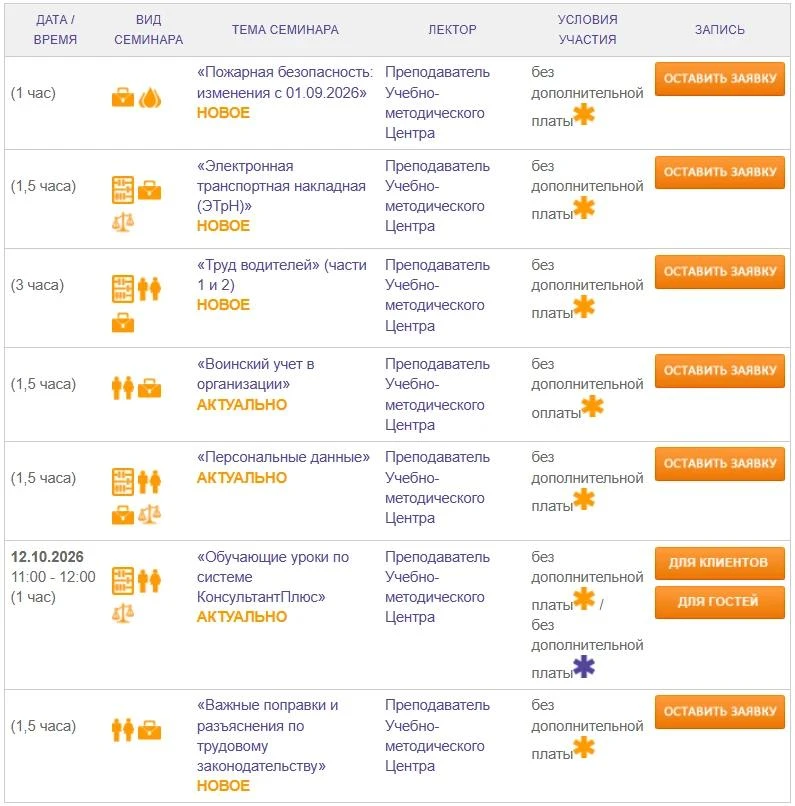 Расписание семинаров учебного центра