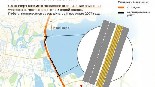 На трассе М-4 «Дон» под Краснодаром с 5 октября ограничат движение