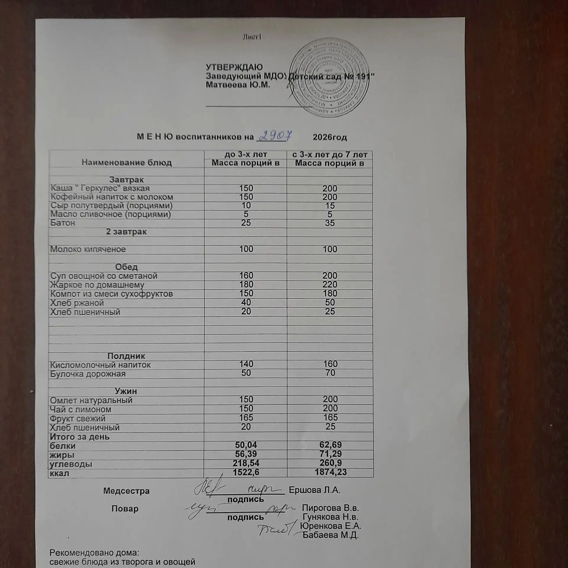 Меню на 29.07.2026