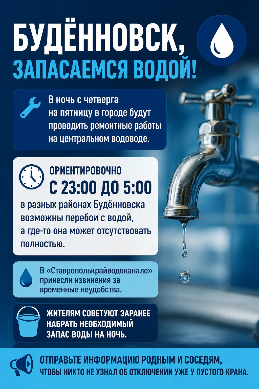 Будённовск, запасаемся водой: ночью отключат водоснабжение