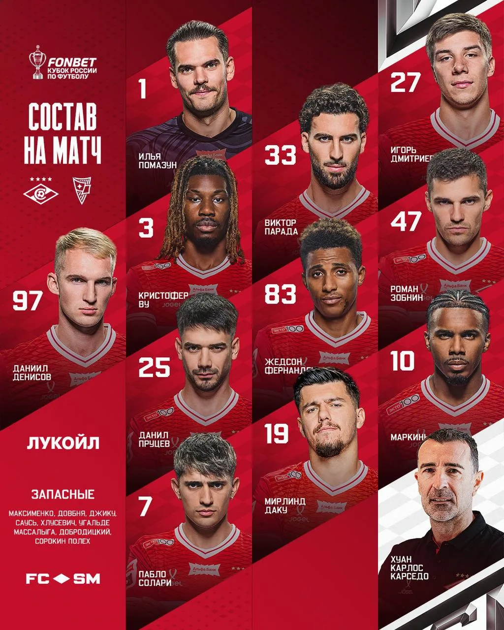 Стартовый состав «Спартака» на кубковую игру с «Родиной»!