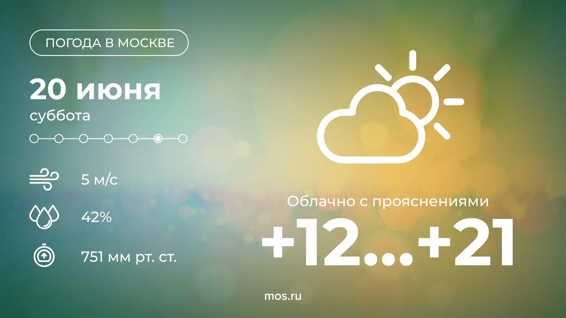 ⛅️ Сегодня в столице будет облачно с прояснениями. Температура воздуха поднимется до +22 °С.