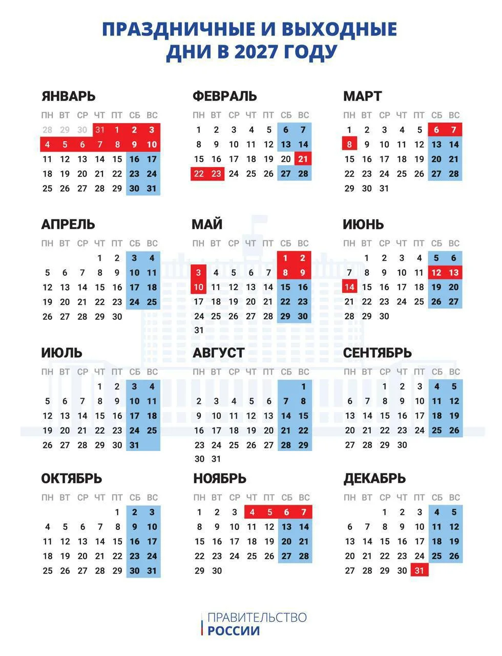 🎉 Россиян ждут 11 дней отдыха на новогодних праздниках в 2027 году.