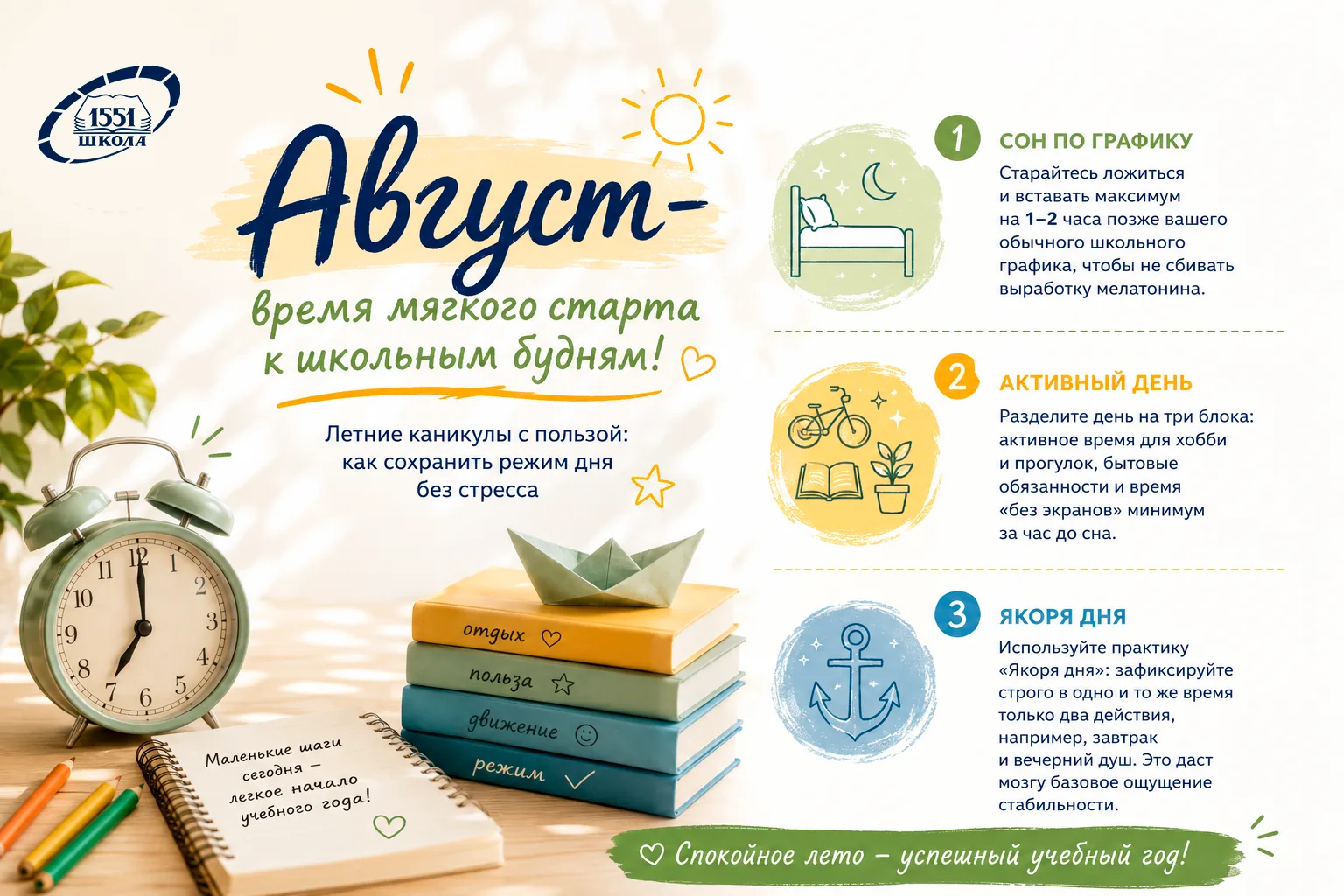 📅 На календаре август!

Самое время без спешки возвращаться к привычному режиму.

🕔  До 1 сентября