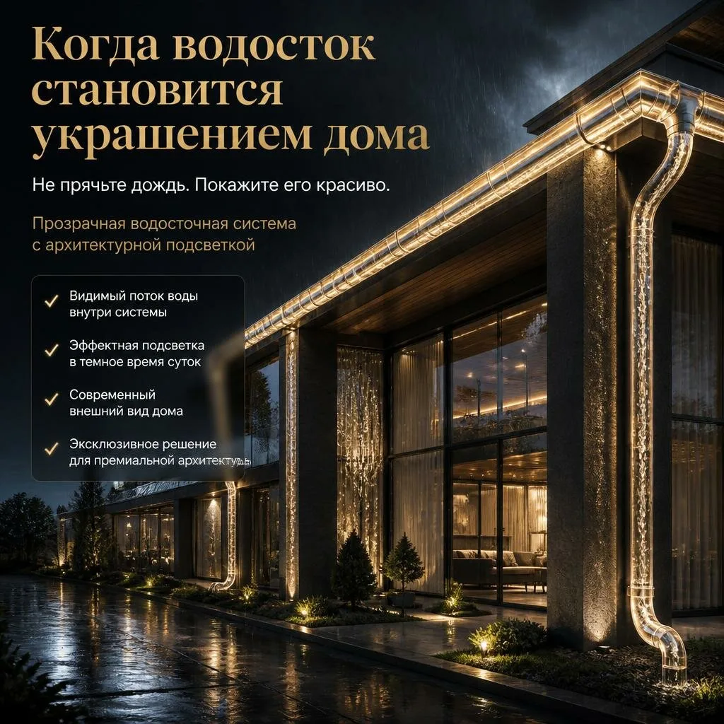 Прозрачная водосточная система с подсветкой для кровли