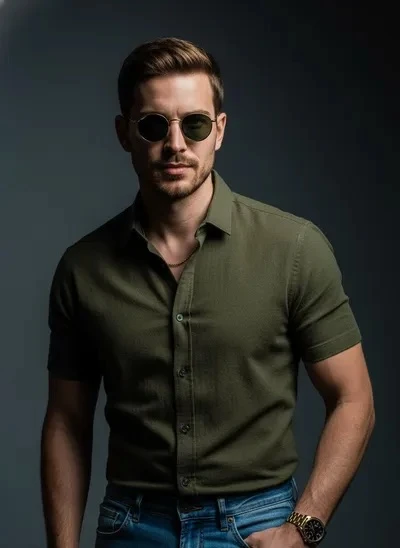 A close-up high-fashion cinematic photograph of a stylish man, Use the uploaded referen...