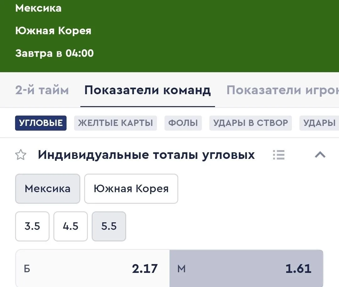 Футбол. Чемпионат Мира.
➡️04:00 Мексика - Южная Корея - Угловые ИТМ1(5.5) Коэффициент: 1.61

С одной