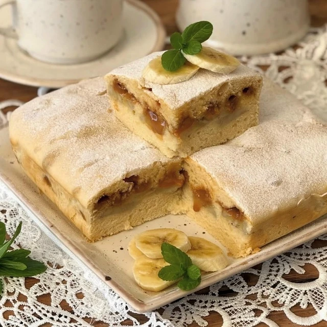 Банановый пирог с варёной сгущёнкой.
Когда хочется чего-нибудь вкусненького и на скорую руку.

У мен