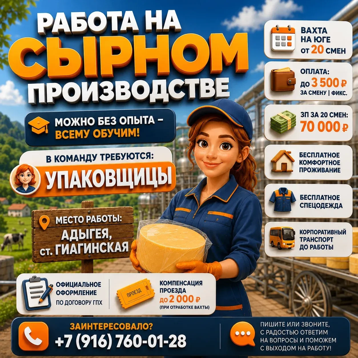 🔥 Комфортная вахта: жильё, компенсация проезда и достойная зарплата!
🧀 Работа на сырном производст