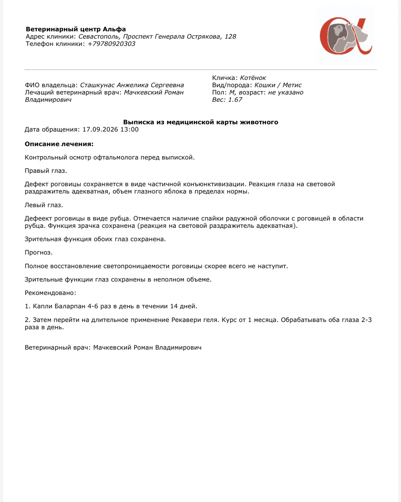Сегодня был осмотр офтальмолога у нашего малыша- котенка.