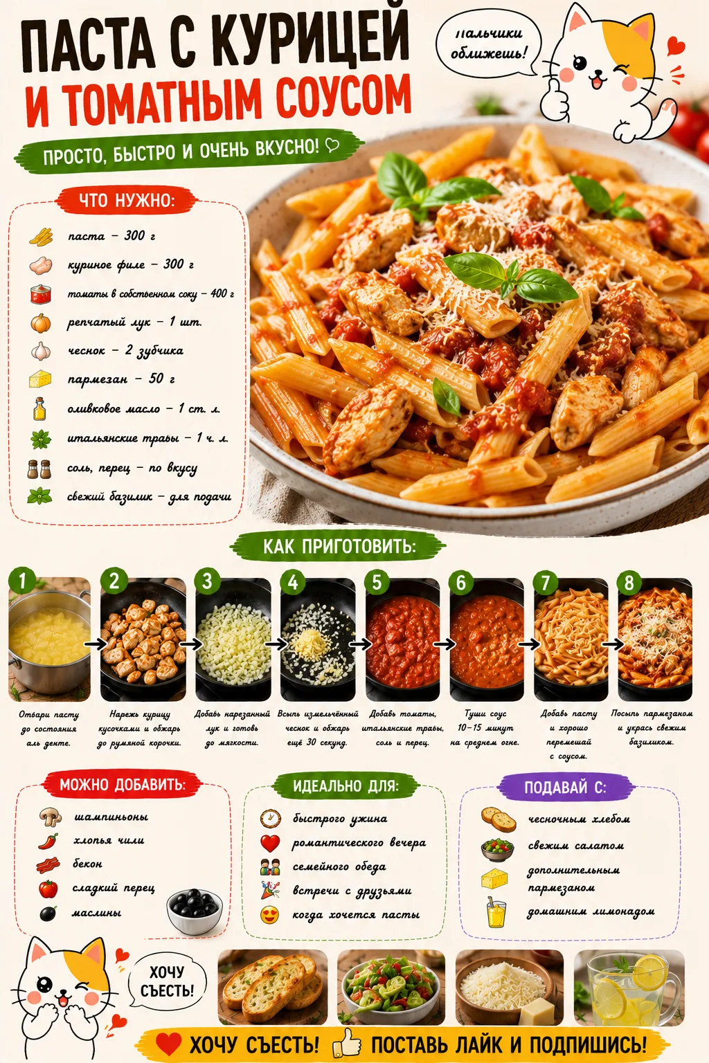 🍝 ПАСТА С КУРИЦЕЙ И ТОМАТНЫМ СОУСОМ