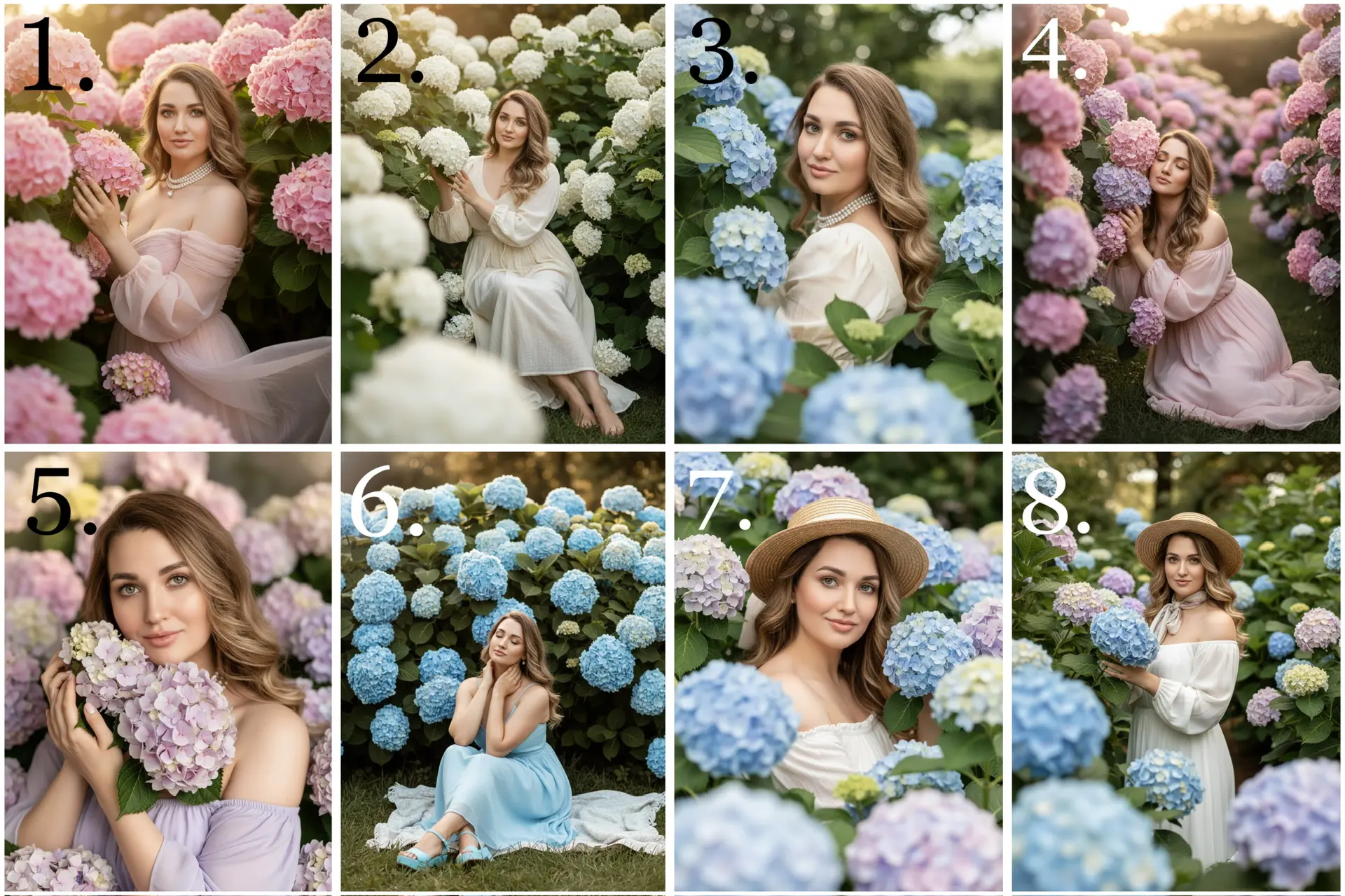 Промты для женских летних фото с гортензиями 🌸