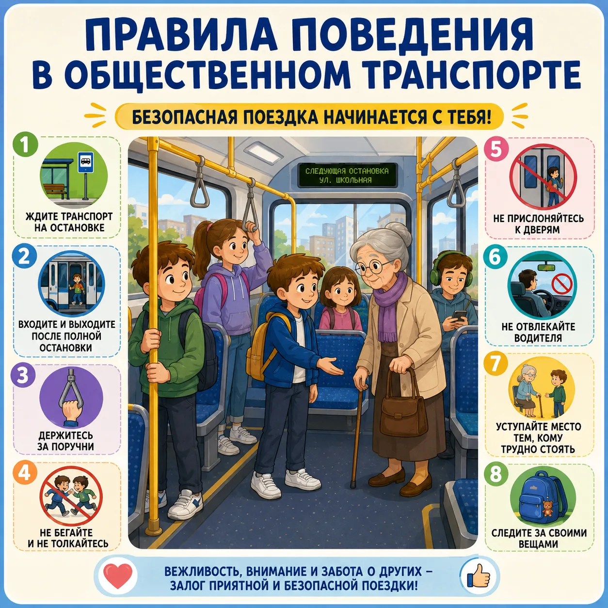 Безопасная поездка: правила поведения в общественном транспорте🚞