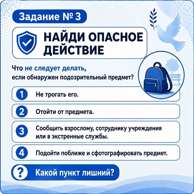 Задание № 3 Найди опасное действие. Какой пункт лишний?