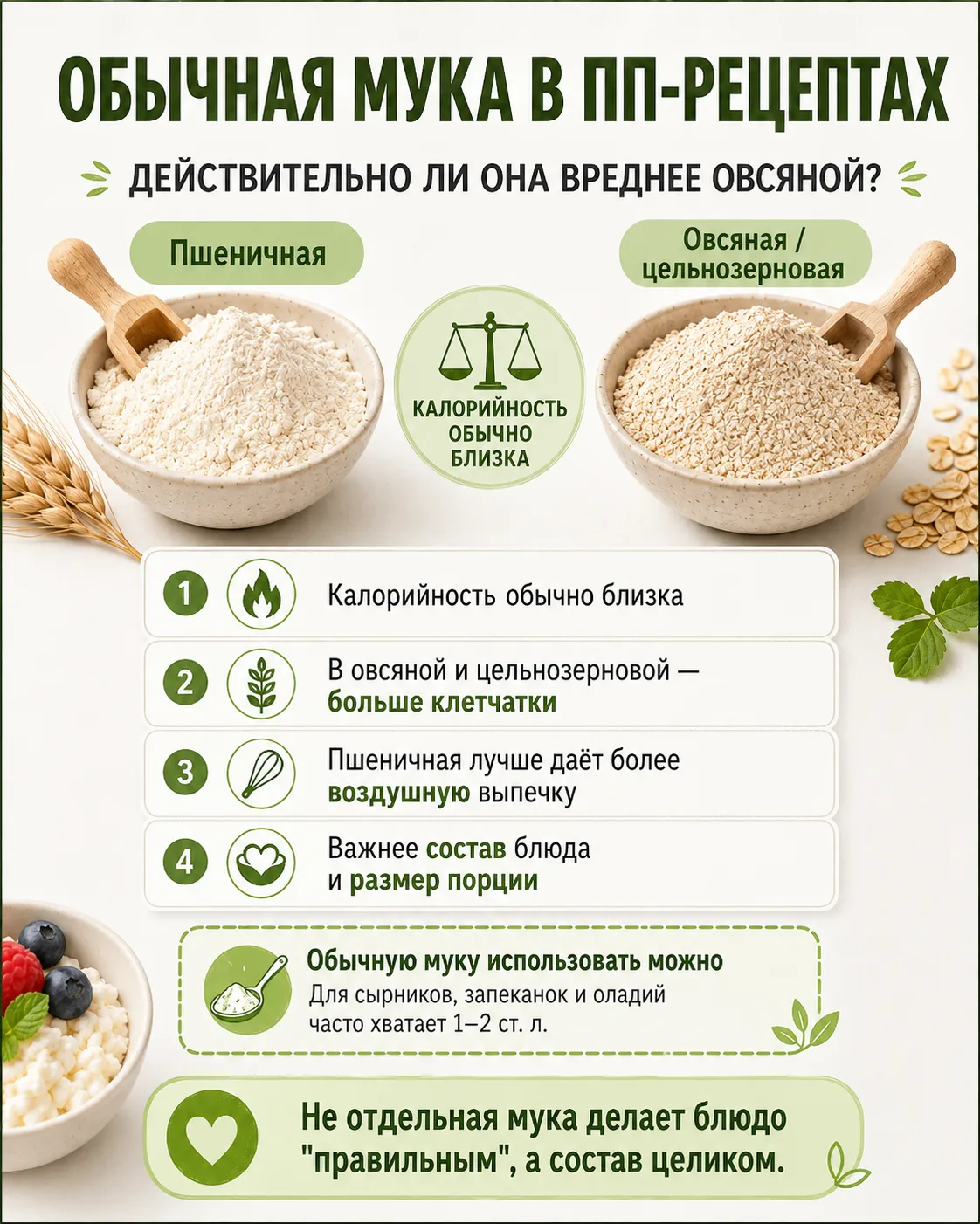 ОБЫЧНАЯ МУКА В ПП-РЕЦЕПТАХ: ДЕЙСТВИТЕЛЬНО ЛИ ОНА ВРЕДНЕЕ ОВСЯНОЙ?