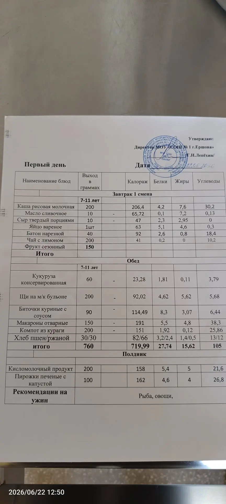 Меню школьной столовой в ЛОЛ на 22.06.2026
Завтрак
Каша рисовая молочная
Масло сливочное
Сыр твердый