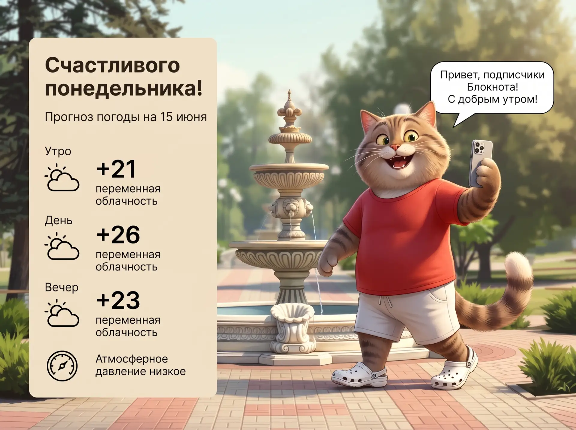 С понедельником: прогноз погоды на 15 июня

🌡 Температура: утром +21, днем до +26, вечером +23. 

�