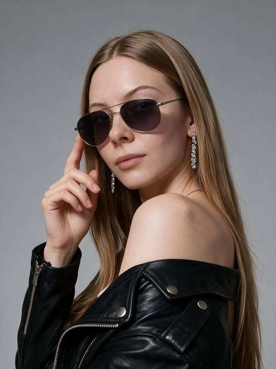 Фото в кожаной косухе 🖤
Дерзкий студийный портрет: узкие очки, длинные серьги из страз и уверенный 