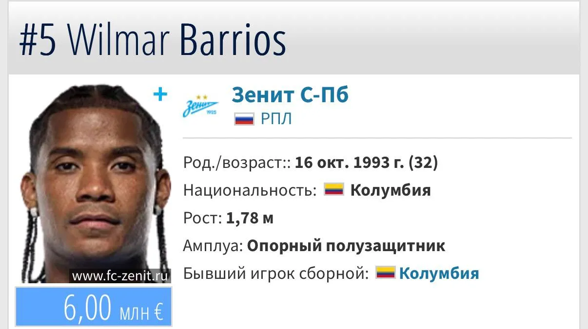 ⚡️🇨🇴 Вильмар Барриос покинет «Зенит»