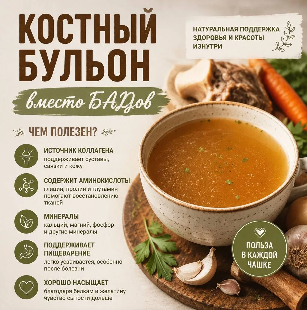 Костный бульон вместо БАДов.

Сейчас костный бульон снова стал очень популярным - это действительно 