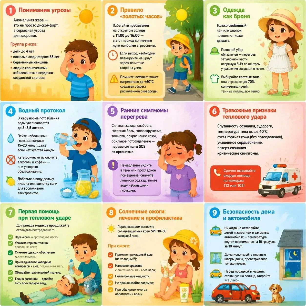 ☝ Правила выживания в зной:
Время и тень:
Избегайте улицы с 11:00 до 16:00 — часы максимальной солне