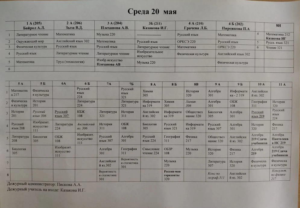 Расписание на 20 мая