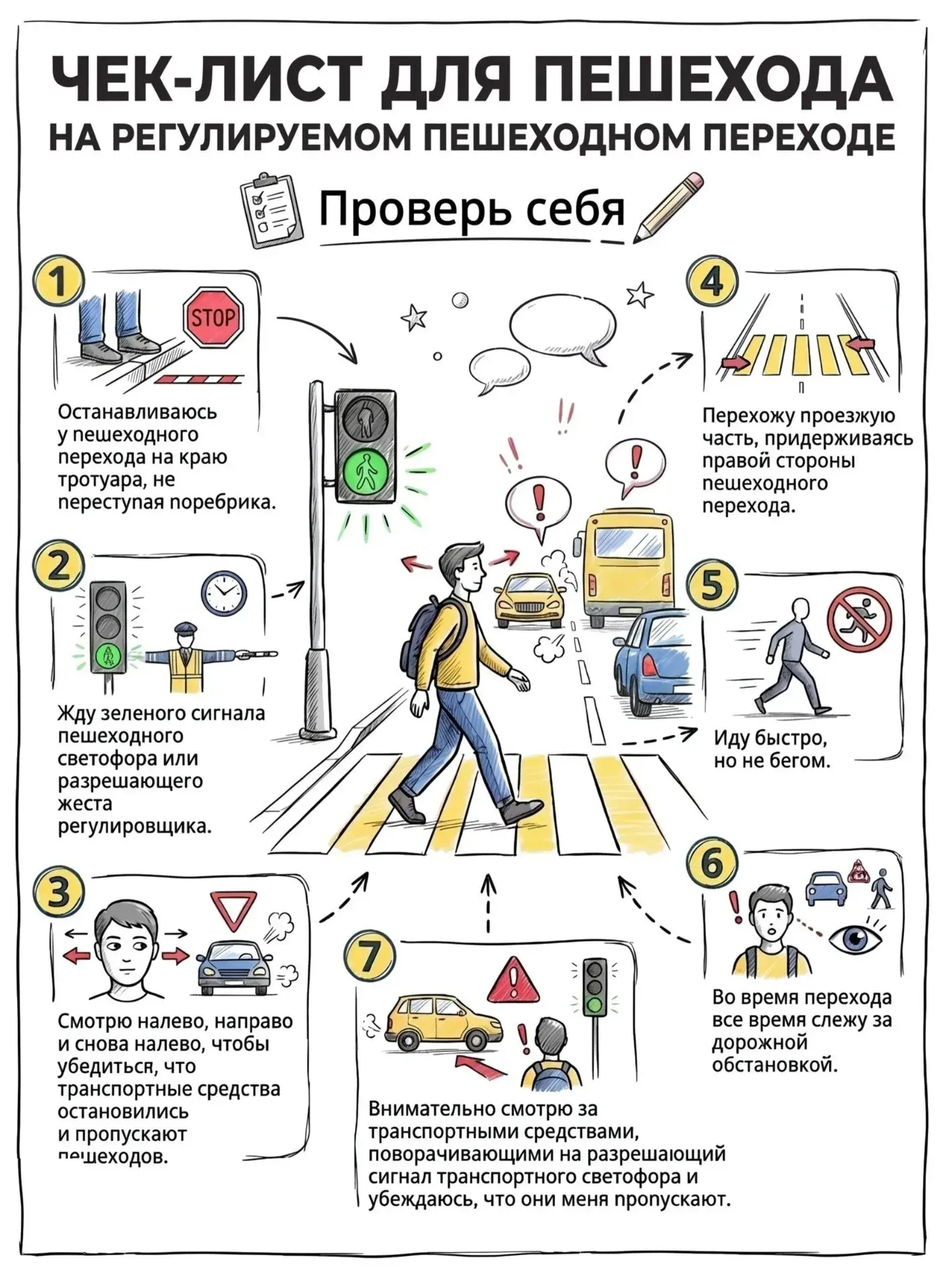 Помни алгоритм перехода проезжей части:  ✅ «Стой» – остановись перед пешеходным переходом подальше о