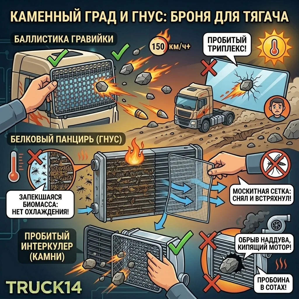 🪨 Каменный град и гнус: зачем тягачу броня на лобовое стекло и радиатор?