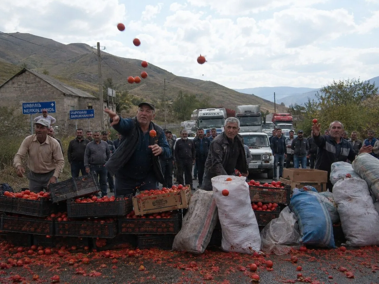 В Армении фермеры перекрыли трассу Ереван — Ерасх, требуя решить проблему со сбытом пом...