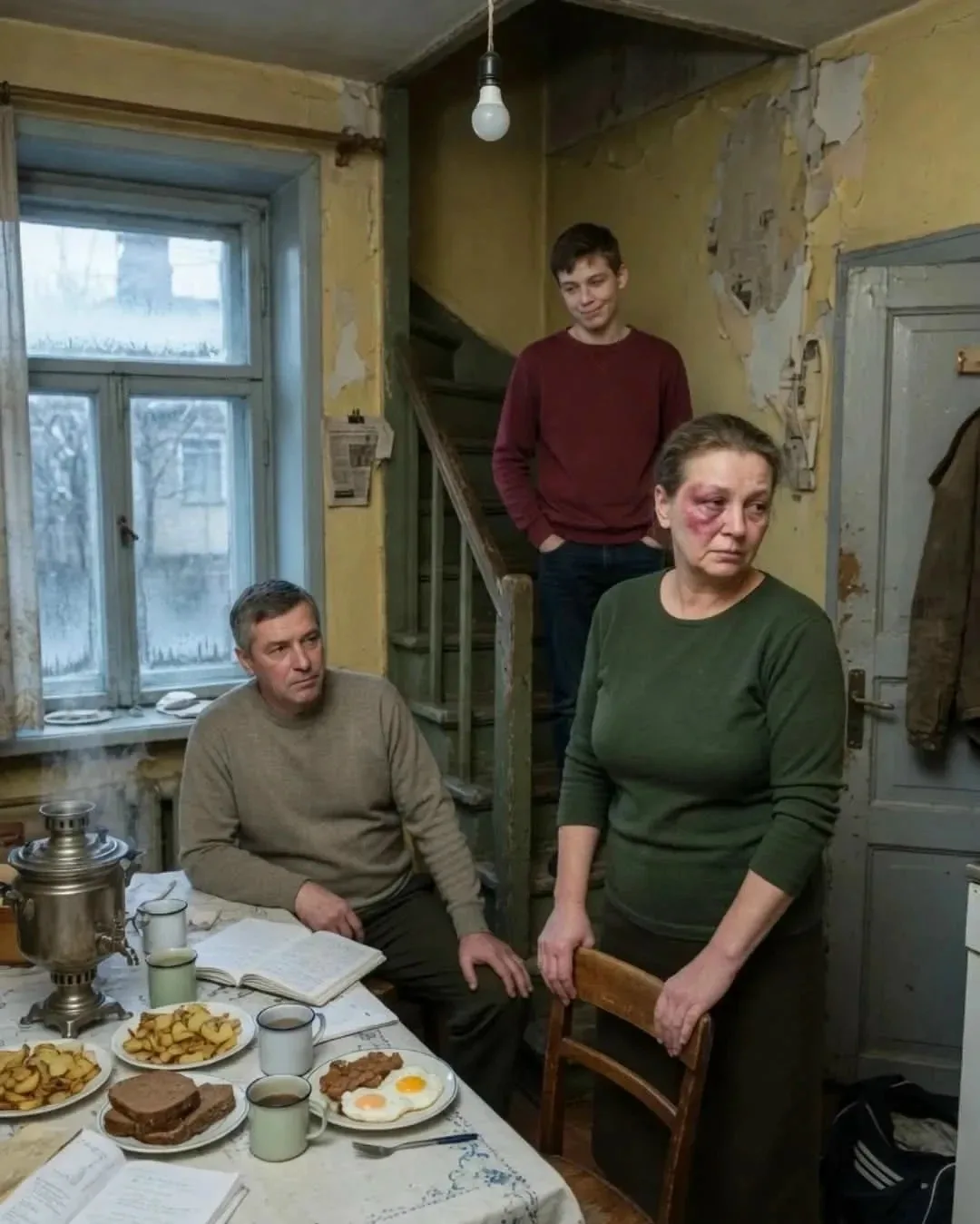 Вчера ночью мой сын ударил меня, а я не заплакала.
Ночью сын ударил меня, а утром я накрыла стол как