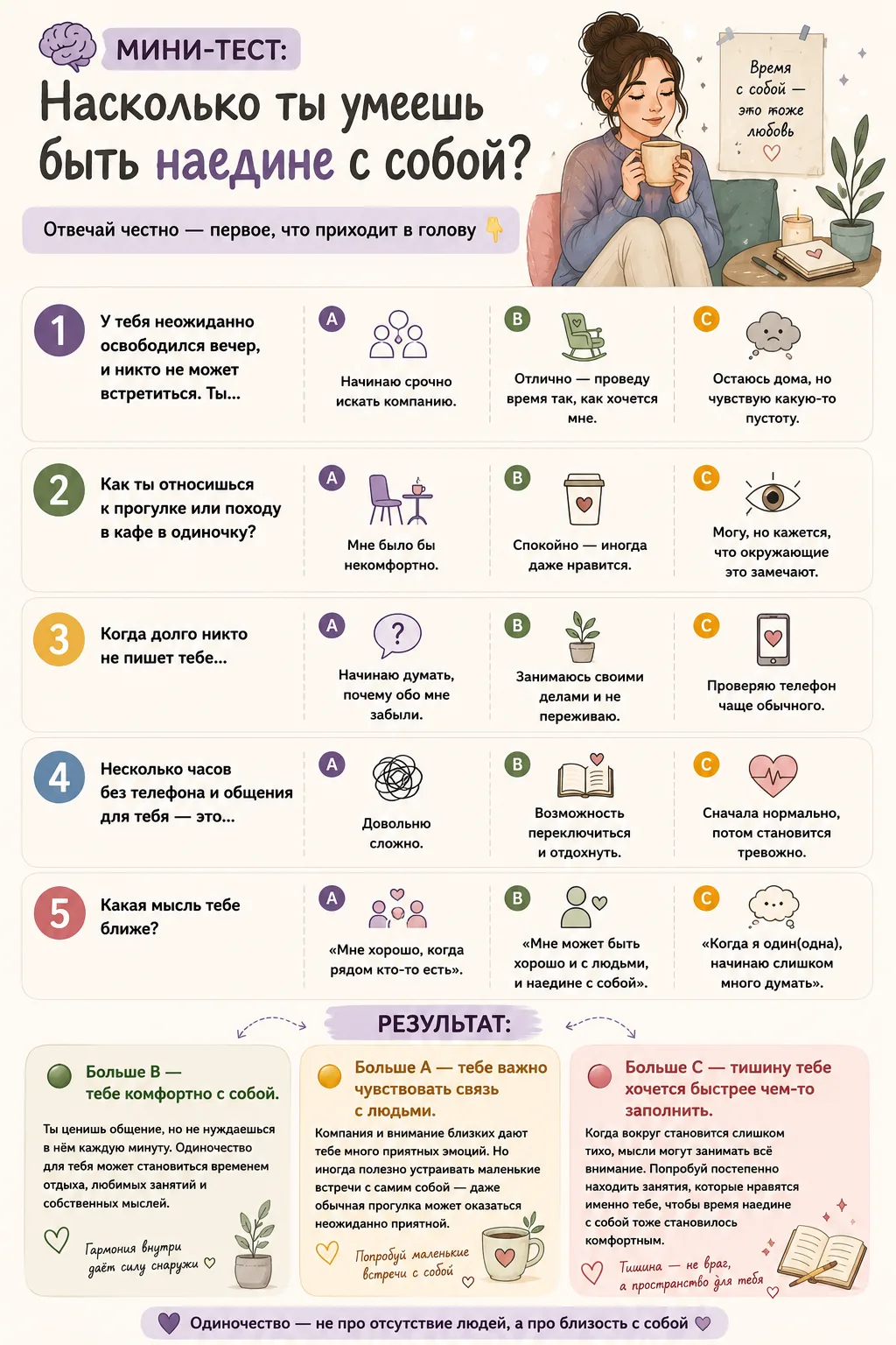 🧠 Мини-тест: Насколько ты умеешь быть наедине с собой?
Отвечай честно — первое, что приходит в голо