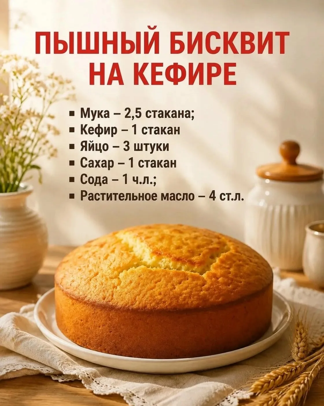 Пышный бисквит на кефире.