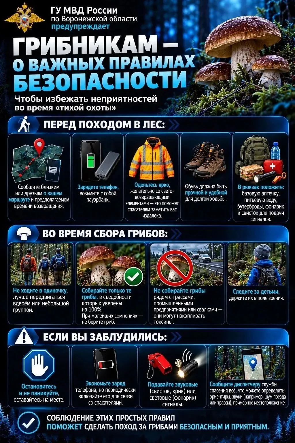 🍄 Правила безопасности воронежским грибникам от регионального управления МВД.
