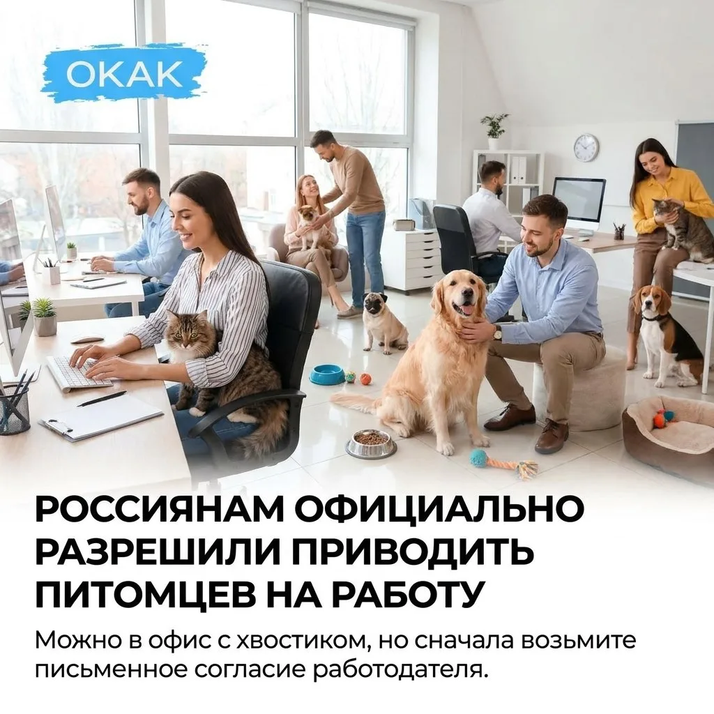 😲🐈 Россиянам официально разрешили приводить питомцев на работу.

1. В компании нет прямого запрета